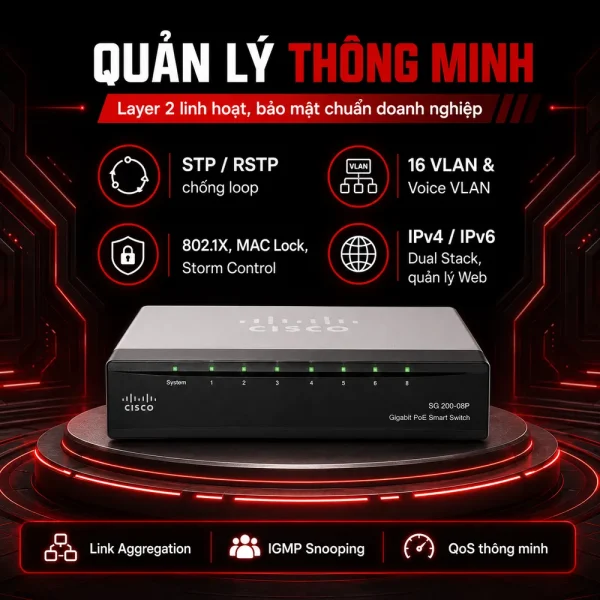 Switch chia mạng Cisco 8Port 10/100/1000Mbps SG200-08P
