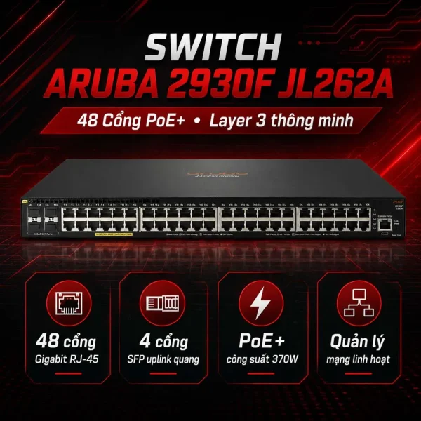 Switch Aruba 2930F JL262A – 48 Cổng PoE+ 370W, 4 Cổng SFP Uplink