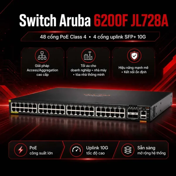 Switch Aruba 6200F JL728A 48 cổng PoE Class 4, 4 SFP+