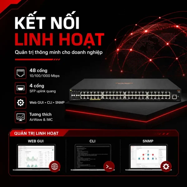 Switch Aruba 2930F JL262A – 48 Cổng PoE+ 370W, 4 Cổng SFP Uplink