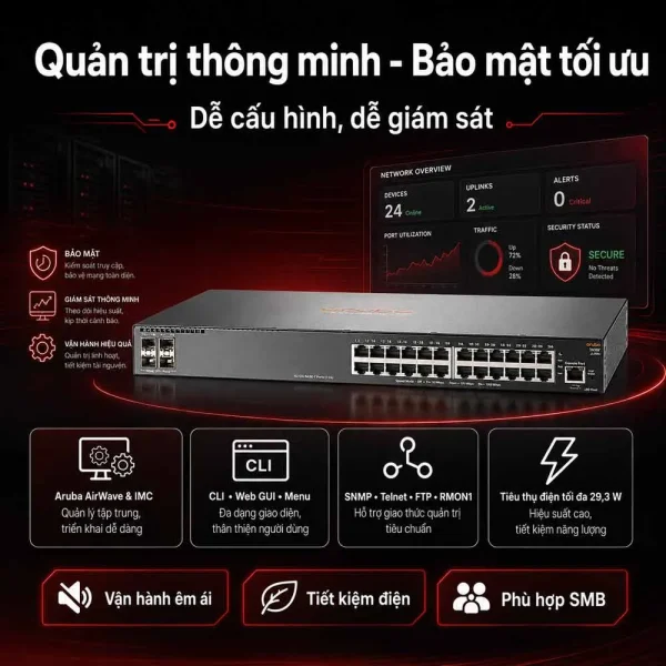 Switch Aruba JL259A 2930F 24 Cổng 10/100/1000, 4 SFP Uplink