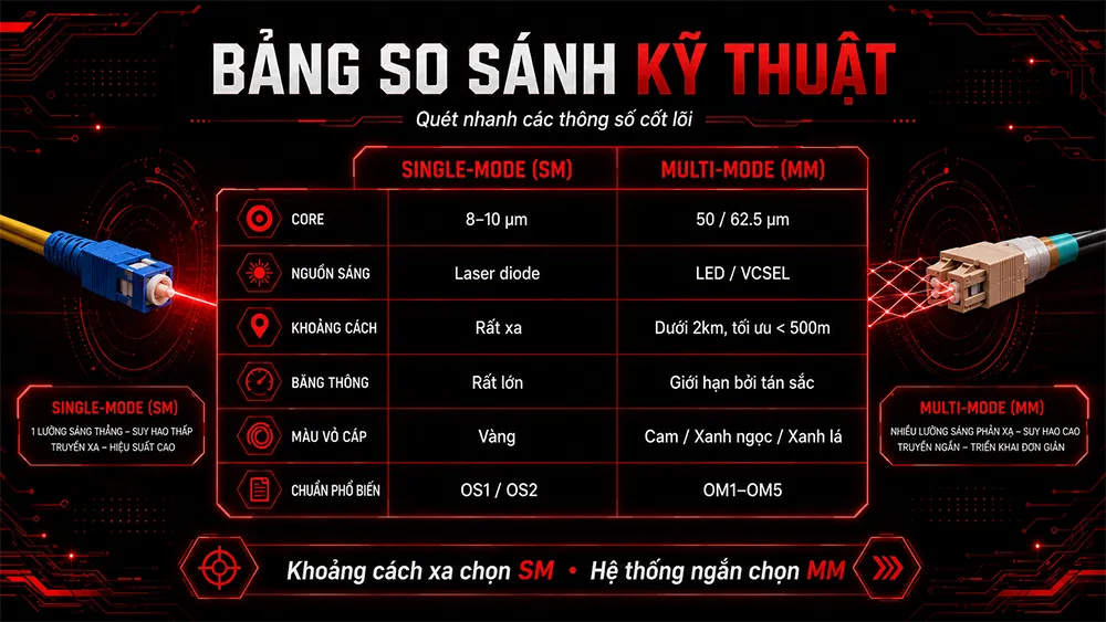 bảng so sánh kỹ thuật cáp quang sm và mm
