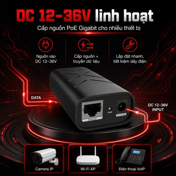 Bộ cấp PoE Gigabit UPCOM PI201-DC DC12-36V
