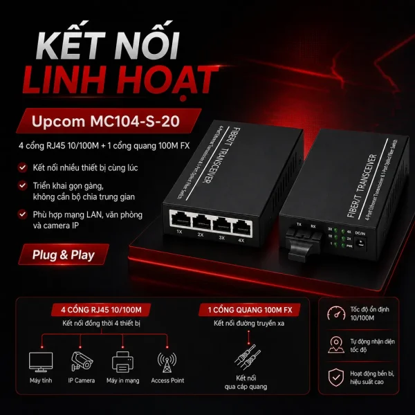 Bộ chuyển đổi quang điện Upcom MC104-S-20 4×10/100M Base-T(X)+1x100M FX