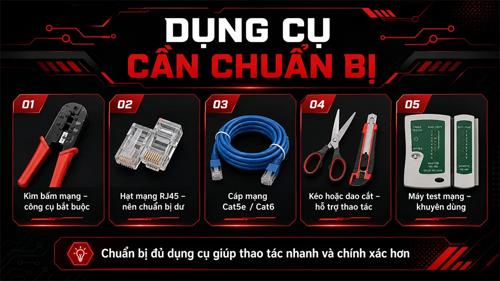 chuẩn bị dụng cụ bấm dây mạng