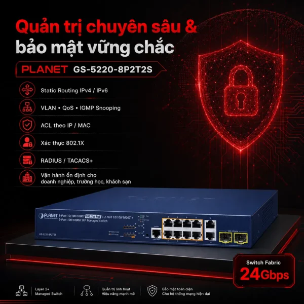GS-5220-8P2T2S Switch L2+ 8x1G 802.3at PoE + 2x1G + 2x1G SFP
