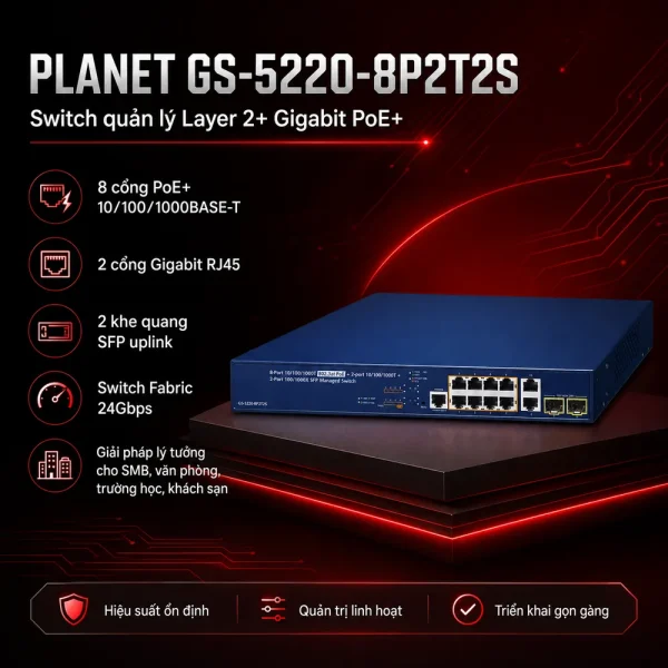 GS-5220-8P2T2S Switch L2+ 8x1G 802.3at PoE + 2x1G + 2x1G SFP