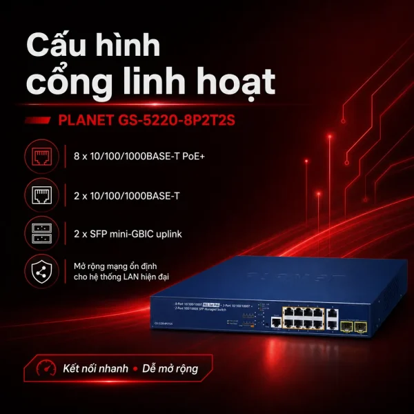 GS-5220-8P2T2S Switch L2+ 8x1G 802.3at PoE + 2x1G + 2x1G SFP