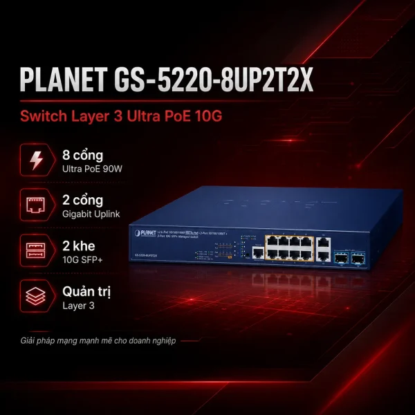 GS-5220-8UP2T2X Switch L3 8x1G 802.3bt PoE + 2x1G+ 2x10G SFP+