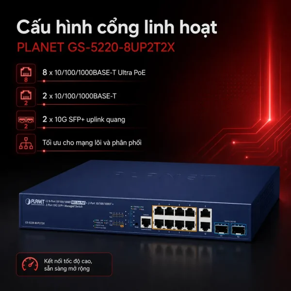 GS-5220-8UP2T2X Switch L3 8x1G 802.3bt PoE + 2x1G+ 2x10G SFP+