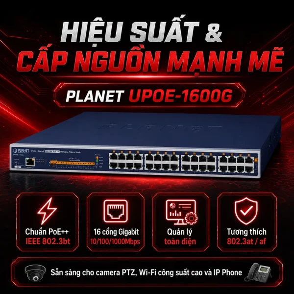 Hub cấp nguồn Planet UPOE-1600G 16 cổng Gigabit 802.3bt