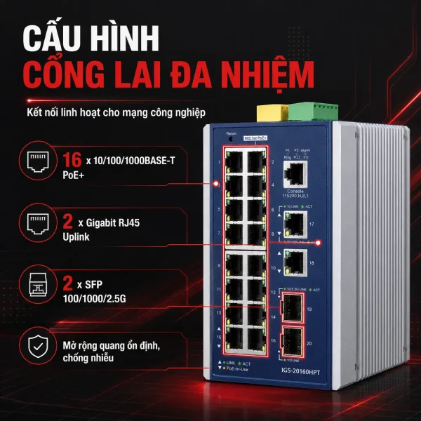 IGS-20160HPT Switch công nghiệp L3 16x1G/PoE + 2x1G + 2x1G/2.5G SFP