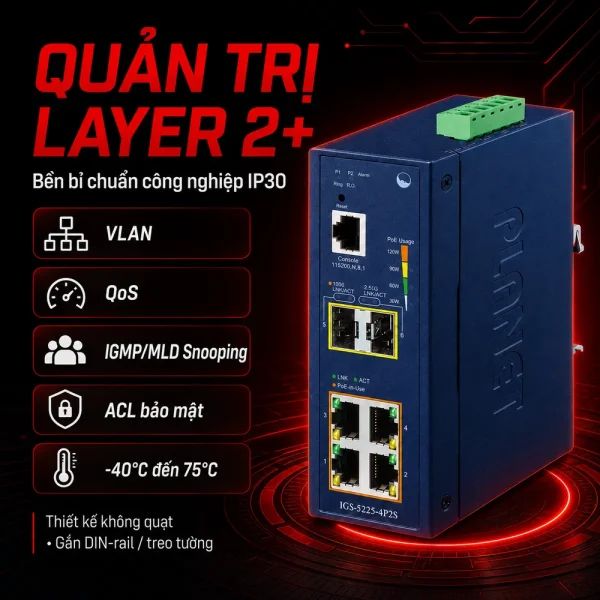 IGS-5225-4P2S Switch công nghiệp L2+ 4x1G/PoE + 2x1G/2.5G SFP