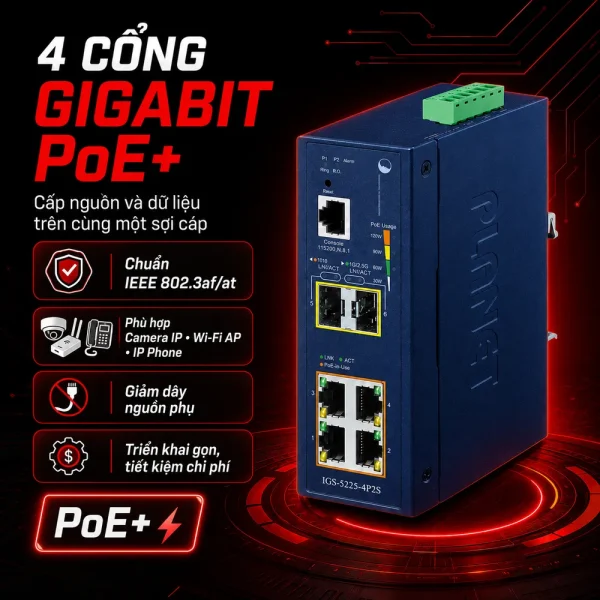 IGS-5225-4P2S Switch công nghiệp L2+ 4x1G/PoE + 2x1G/2.5G SFP