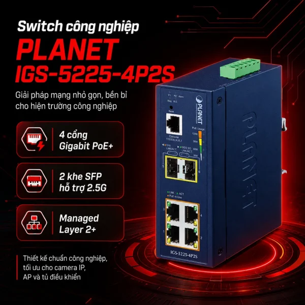 IGS-5225-4P2S Switch công nghiệp L2+ 4x1G/PoE + 2x1G/2.5G SFP