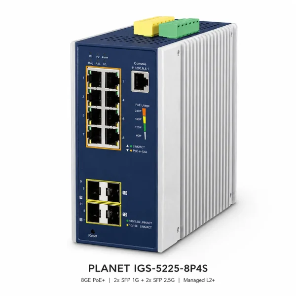 IGS-5225-8P4S Switch công nghiệp L2+ 8x1G/PoE + 2x1G SFP + 2×2.5G SFP