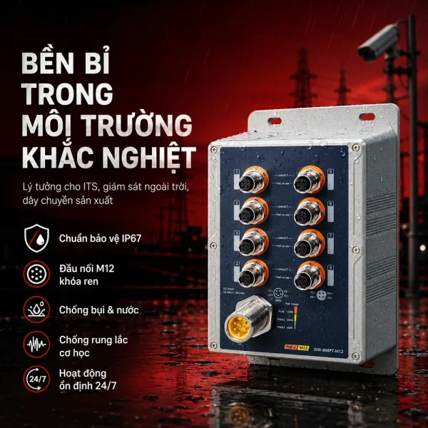 ISW-808PT-M12 Switch công nghiệp IP67 8 cổng 10/100TX M12 802.3at PoE+