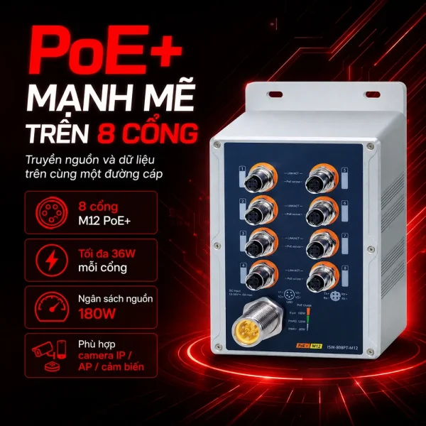 ISW-808PT-M12 Switch công nghiệp IP67 8 cổng 10/100TX M12 802.3at PoE+