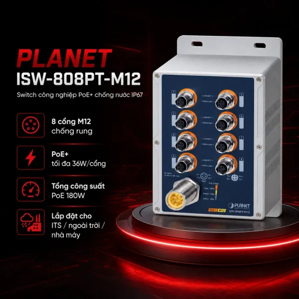 ISW-808PT-M12 Switch công nghiệp IP67 8 cổng 10/100TX M12 802.3at PoE+