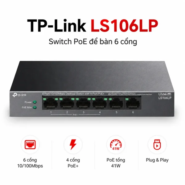 LS106LP Switch TP-LINK Để Bàn 6 Cổng 10/100Mbps với 4 Cổng PoE