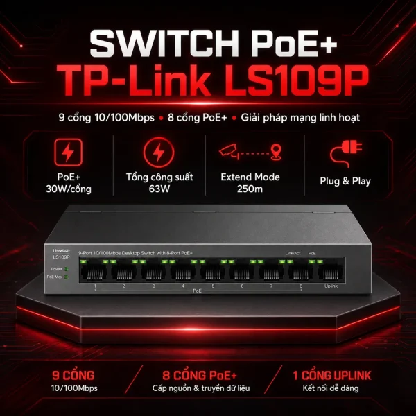 LS109P Switch TP-LINK Để Bàn 9 Cổng 10/100Mbps với 8 Cổng PoE+