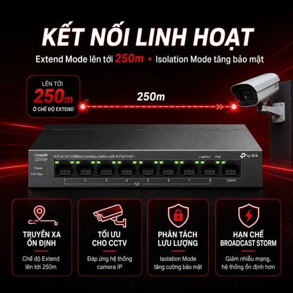 LS109P Switch TP-LINK Để Bàn 9 Cổng 10/100Mbps với 8 Cổng PoE+