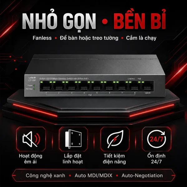 LS109P Switch TP-LINK Để Bàn 9 Cổng 10/100Mbps với 8 Cổng PoE+