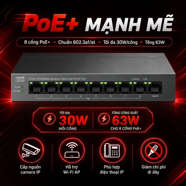 LS109P Switch TP-LINK Để Bàn 9 Cổng 10/100Mbps với 8 Cổng PoE+