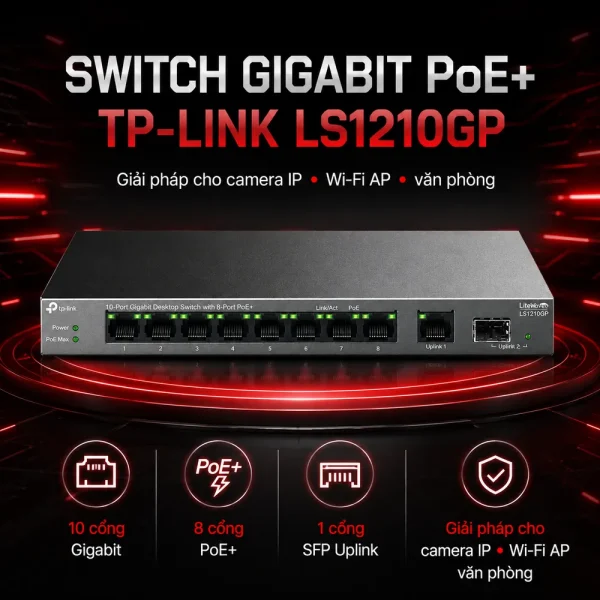LS1210GP Switch TP-LINK Để Bàn Gigabit 10 Cổng với 8 Cổng PoE+