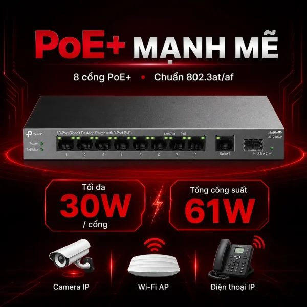 LS1210GP Switch TP-LINK Để Bàn Gigabit 10 Cổng với 8 Cổng PoE+