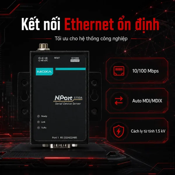 Nport 5150A Bộ chuyển đổi 10/100M Ethernet sang 1 cổng RS-232/485/422