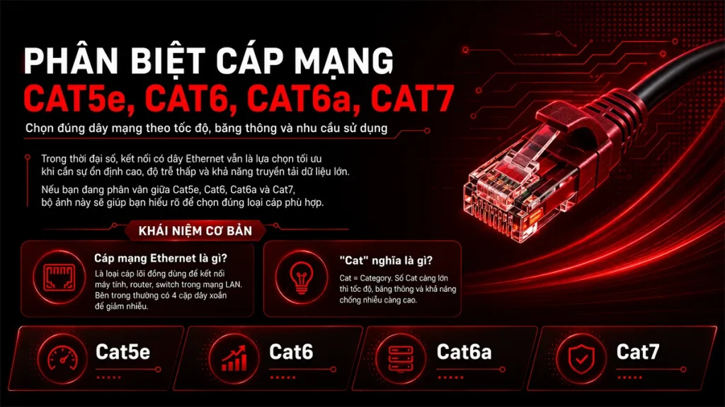 Nên mua cáp mạng nào? Phân biệt chi tiết Cat5e, Cat6, Cat6a và Cat7