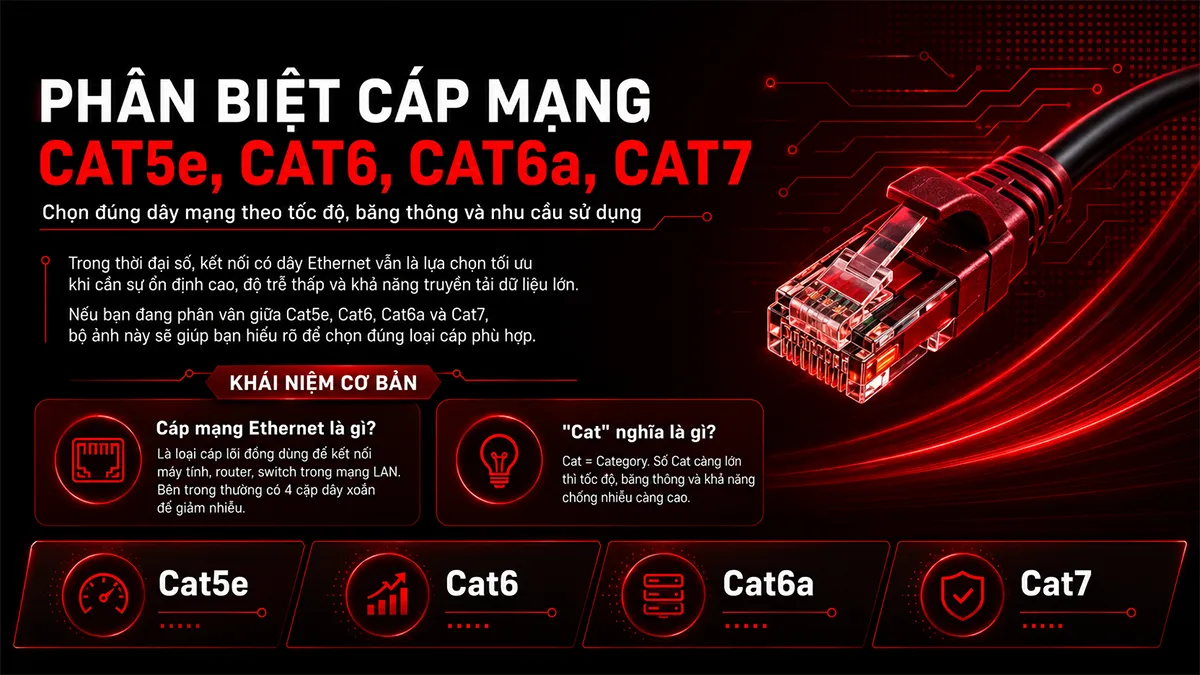 Nên mua cáp mạng nào? Phân biệt chi tiết Cat5e, Cat6, Cat6a và Cat7