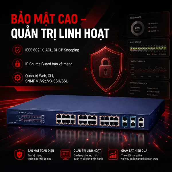 SGS-5240-24P4X Stack Switch 24 cổng 1G 802.3at PoE + 4 khe 10G SFP+