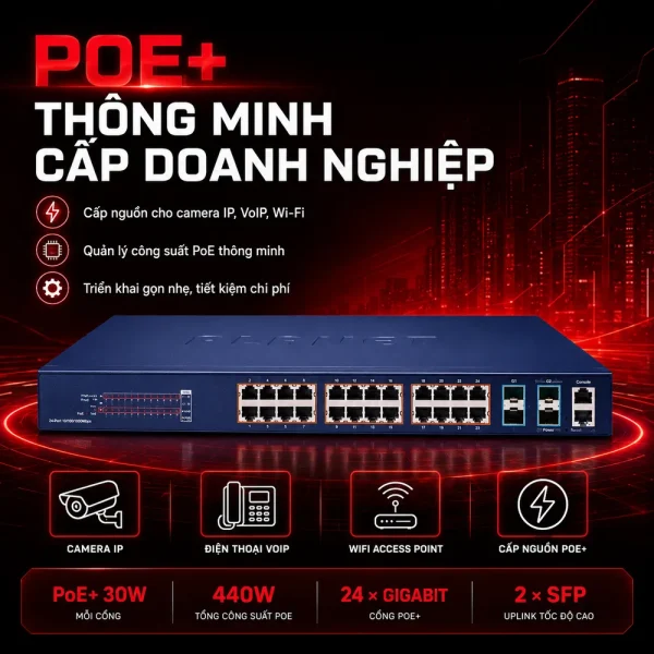 SGS-5240-24P4X Stack Switch 24 cổng 1G 802.3at PoE + 4 khe 10G SFP+