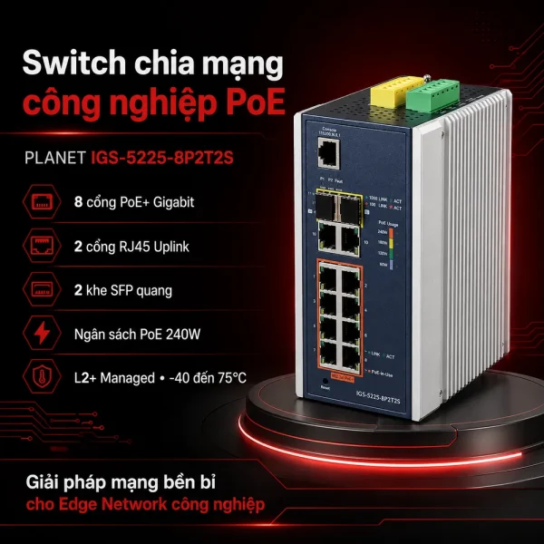 Switch chia mạng công nghiệp PoE PLANET IGS-5225-8P2T2S