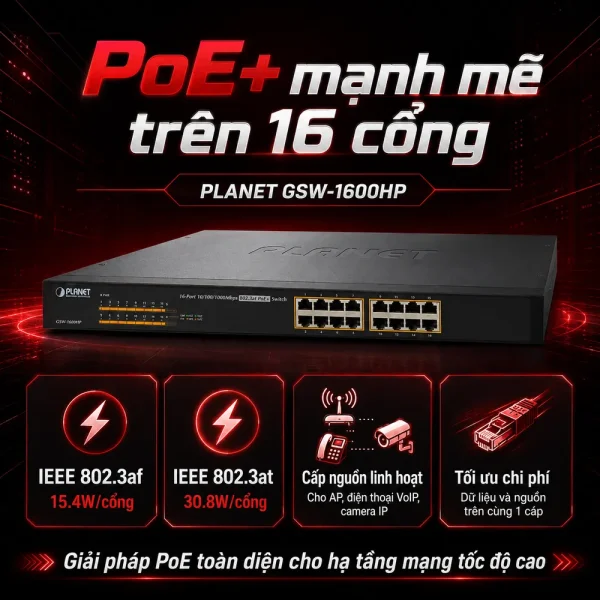 Switch chia mạng PLANET 16-port GSW-1600HP 10/100/1000Mbps PoE