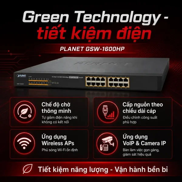 Switch chia mạng PLANET 16-port GSW-1600HP 10/100/1000Mbps PoE