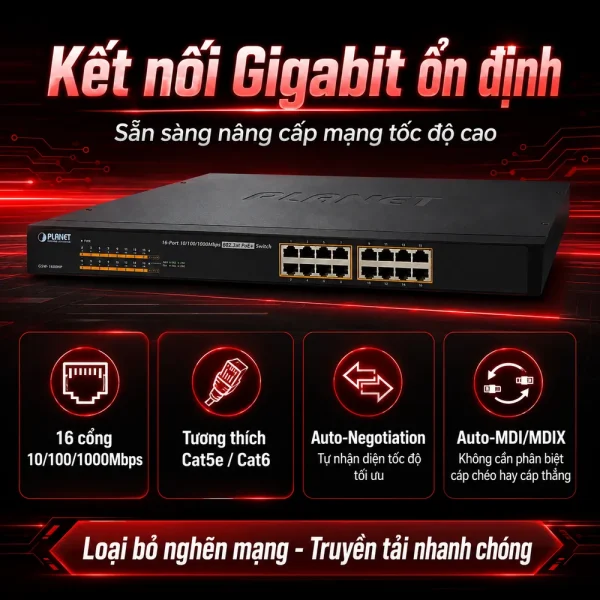 Switch chia mạng PLANET 16-port GSW-1600HP 10/100/1000Mbps PoE