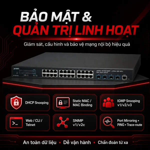 Switch chia mạng PLANET 24-port 10/100/1000Mbps + 4-port GS-2240-24T4X