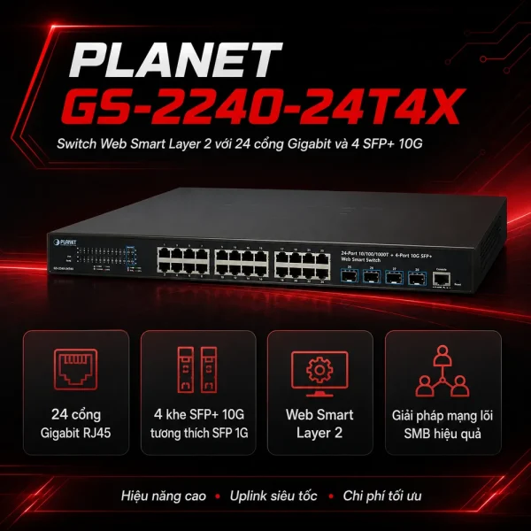 Switch chia mạng PLANET 24-port 10/100/1000Mbps + 4-port GS-2240-24T4X