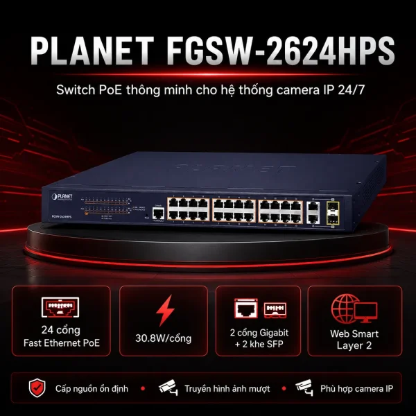 Switch chia mạng PLANET 24-port 10/100Mbps PoE FGSW-2624HPS