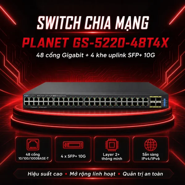 Switch chia mạng PLANET 48-port 10/100/1000Mbps GS-5220-48T4x