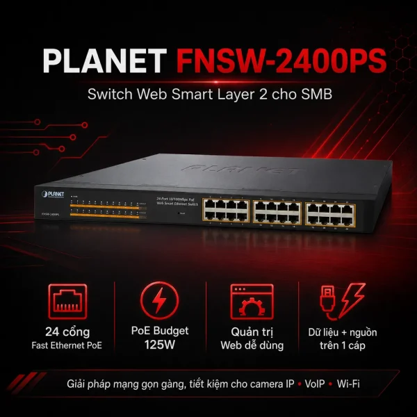 Switch chia mạng PLANET FNSW-2400PS 24-port 10/100Mbps PoE