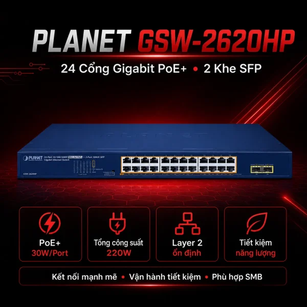 Switch chia mạng PLANET GSW-2620HP 24 port 10/100/1000Mbps PoE