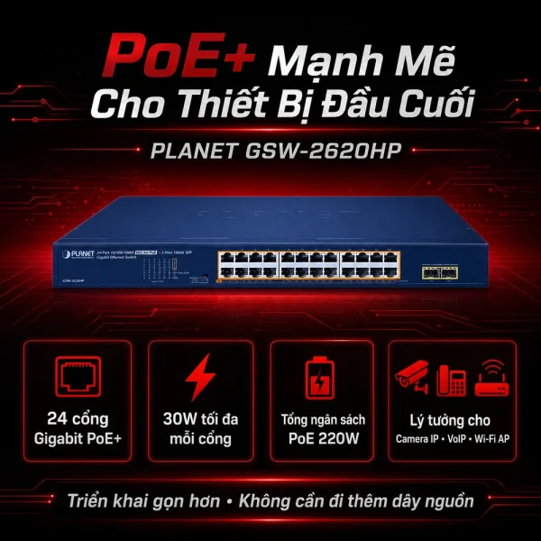 Switch chia mạng PLANET GSW-2620HP 24 port 10/100/1000Mbps PoE