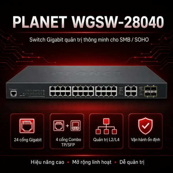 Switch chia mạng PLANET WGSW-28040 24-port + 4-port Gigabit TP/SFP