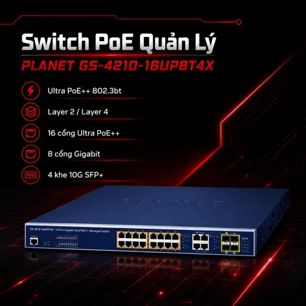 Switch chia mạng POE PLANET GS-4210-16UP8T4X quản lý