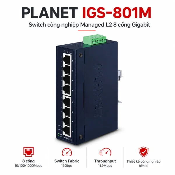 Switch công nghiệp Planet IGS-801M 8-Port 10/100/1000Mbps