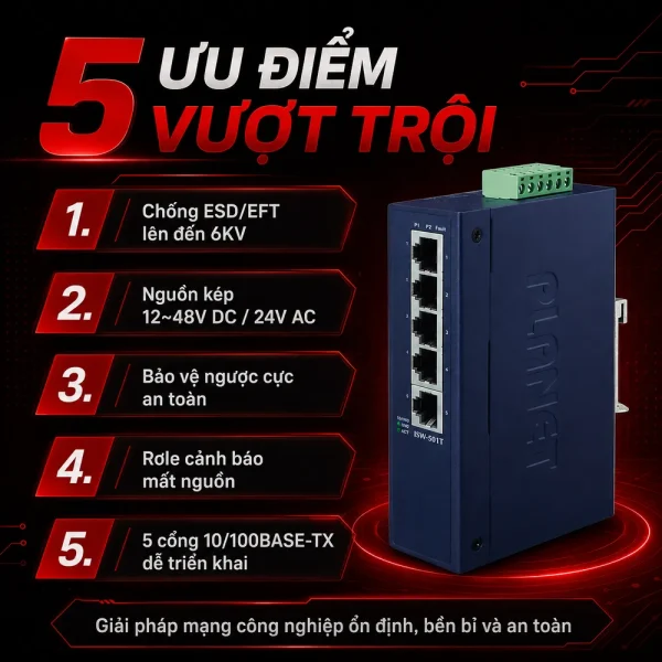 Switch công nghiệp Planet ISW-501T 5-Port 10/100TX